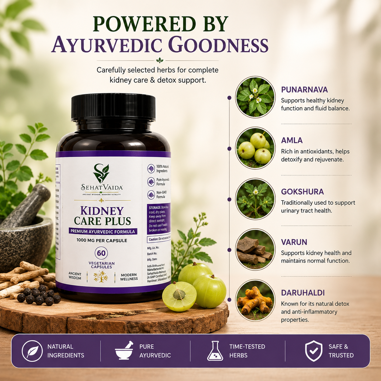 SehatVaida Kidney Care Plus – 1000 MG | 60 Vegetarian Capsules