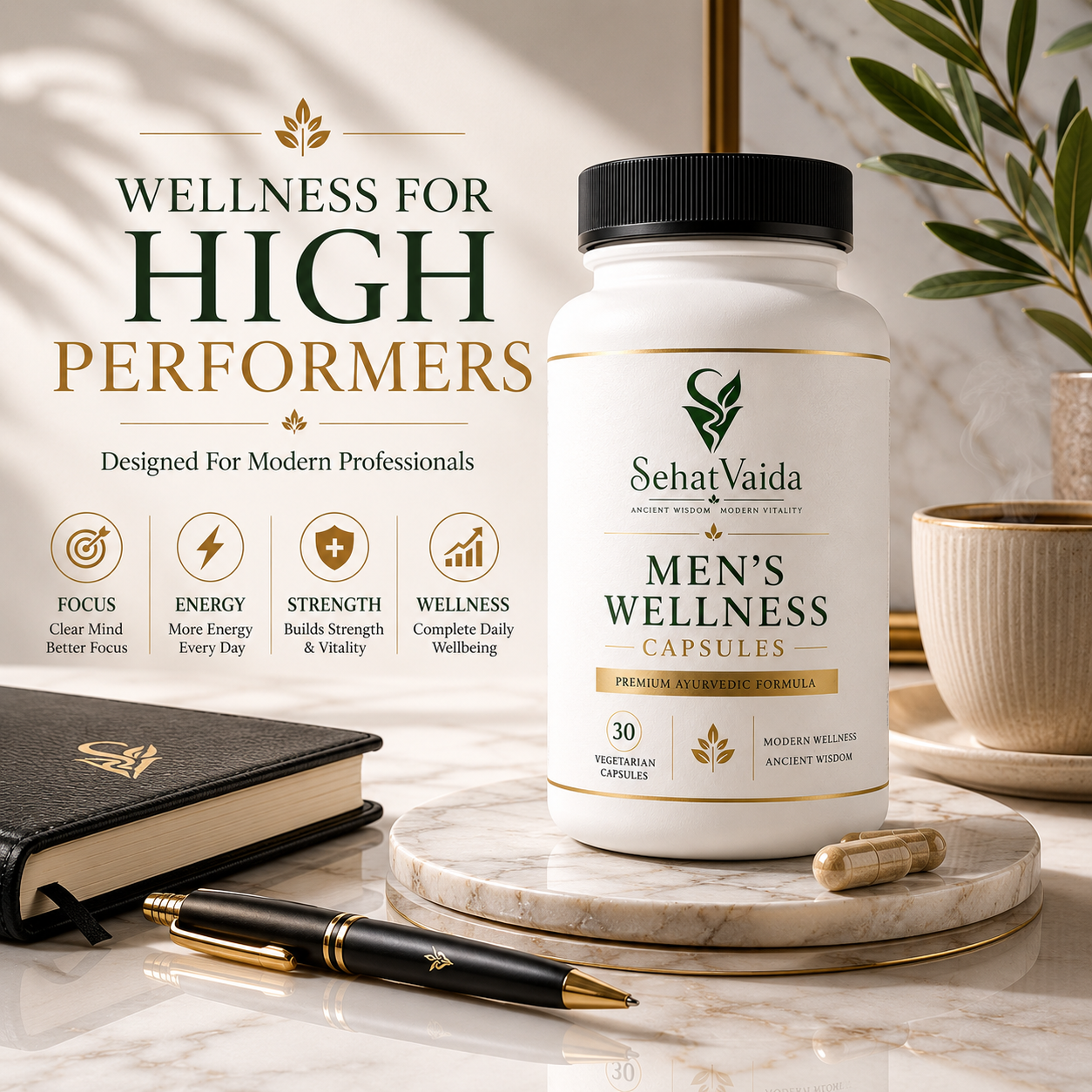 SehatVaida Men's Wellness Capsules – Premium Ayurvedic Formula | 30 Vegetarian Capsules